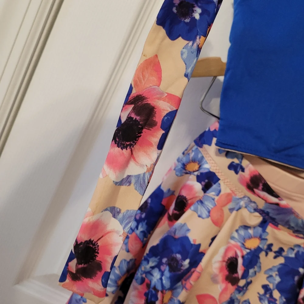 Custom Made Blue and Pink Floral Top and Skirt